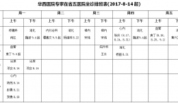 华西医院专家在省五医院坐诊排班表(2017-8-14起)